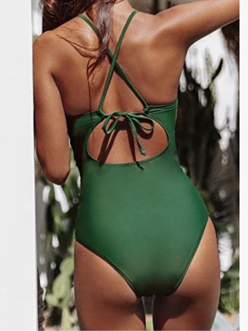 CUPSHE Green High Neck Cutout Ruching Tie Back Tummy Control Swimsuit - Picture 3 of 10
